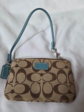 Coach Signature Wristlet in Khaki/Brown & Teal